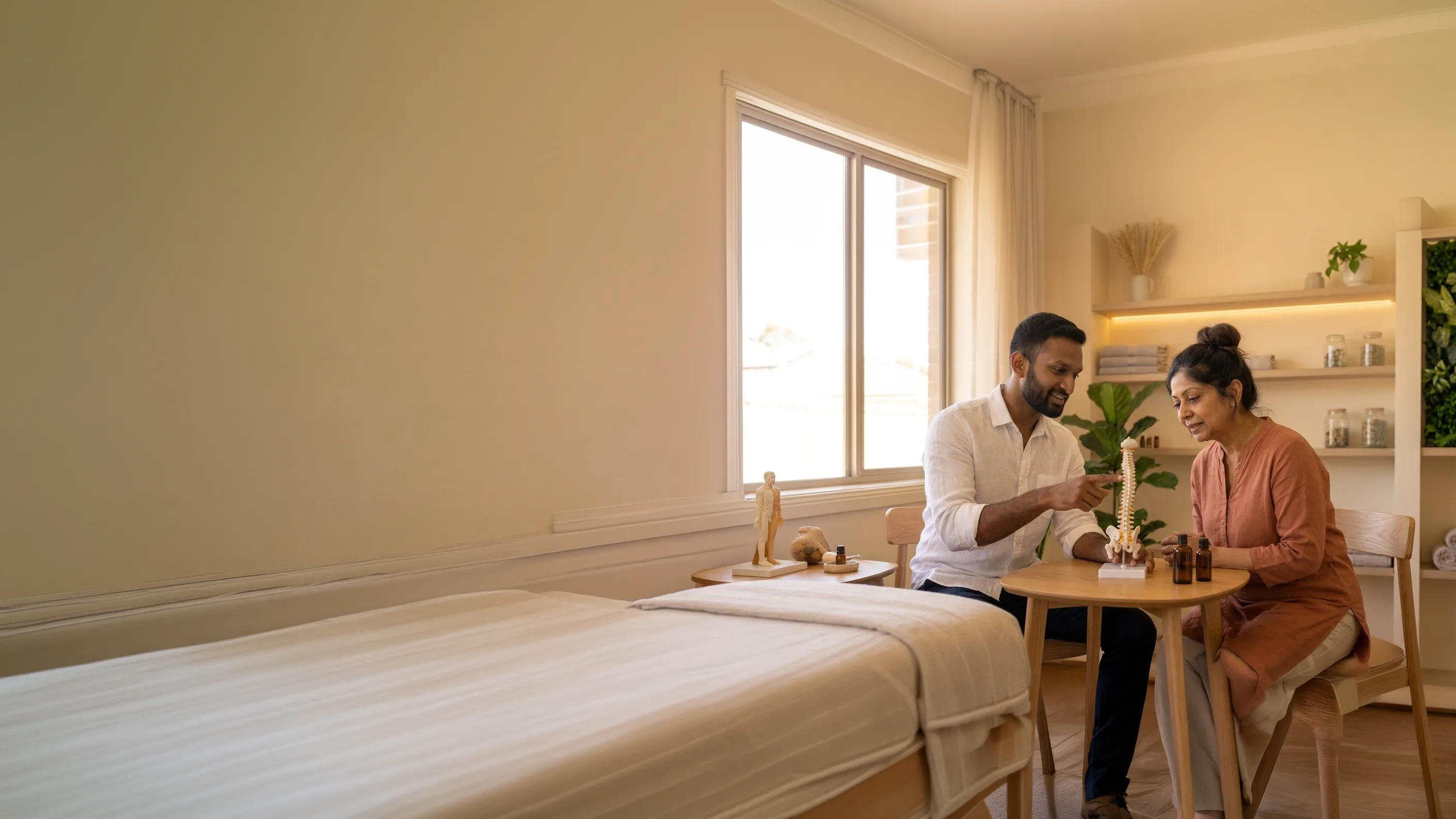 A male therapist explaining a spine model to a female client during a consultation at ThermoCare wellness centre